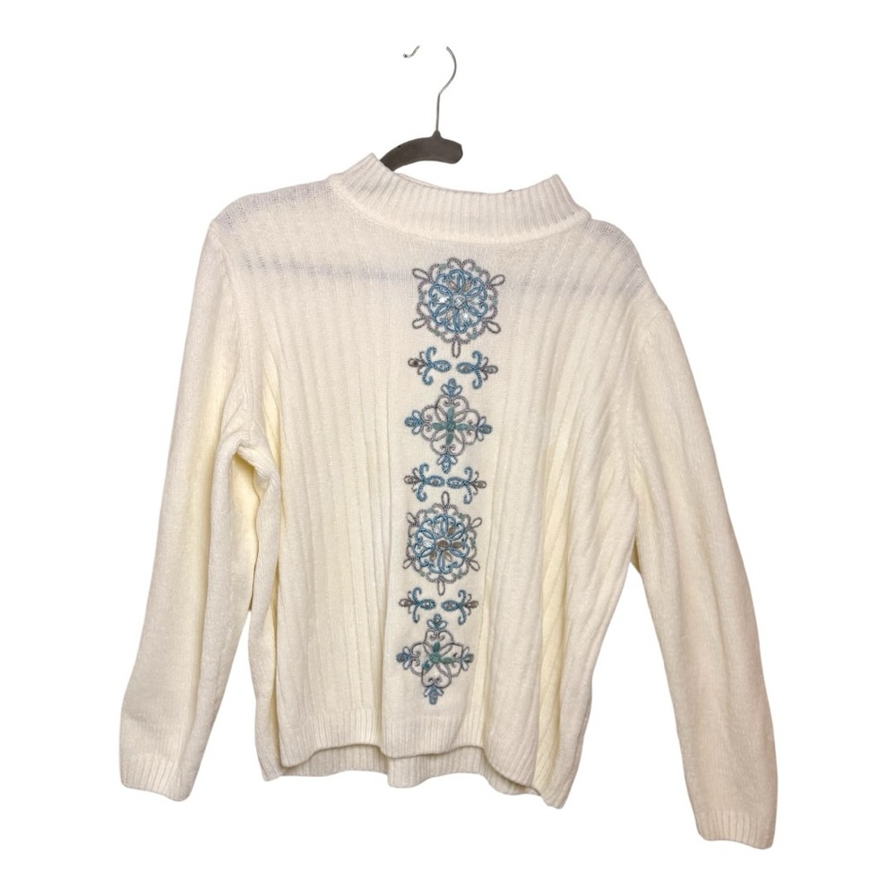 Alfred Dunner Ivory Embroidered Mock Neck Sweater Preppy Cottagecore Medium